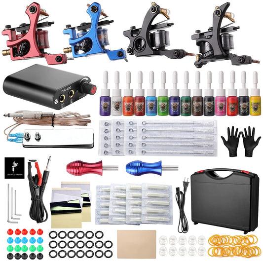 HAWINK Complete Tattoo Kit 4 Standard Tattoo Machines Power Supply 14 Color Tattoo Inks Needles Tips Grips with Carry Case TK-HW4005